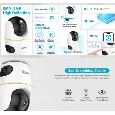 Caméra WIFI double PT 360° + Fixe, 5MP IR30m, Micro et HP